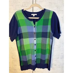 Isaac Mizrahi cardigan button up front boxy plaid blue green cozycore academia